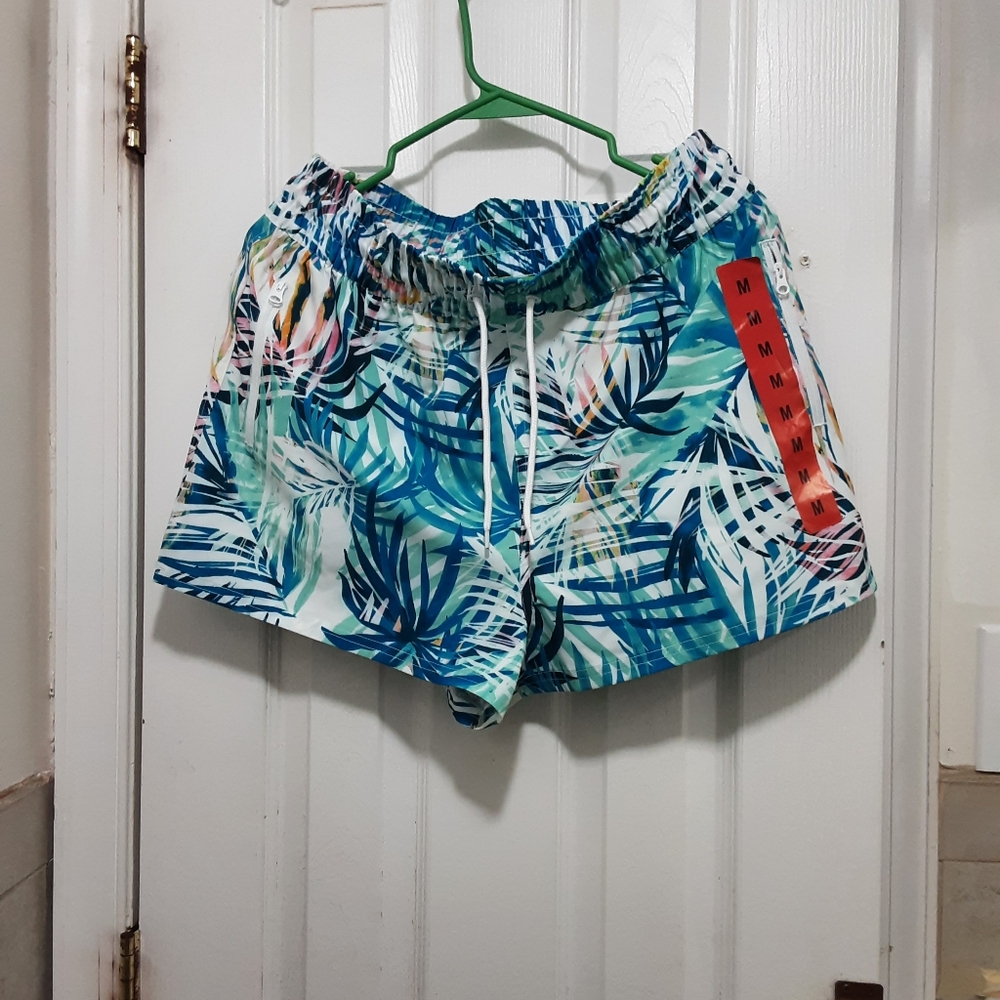 Ocean Pacific Swim Shorts Womens M Blue Tropical Palm Leaf Print Drawstring